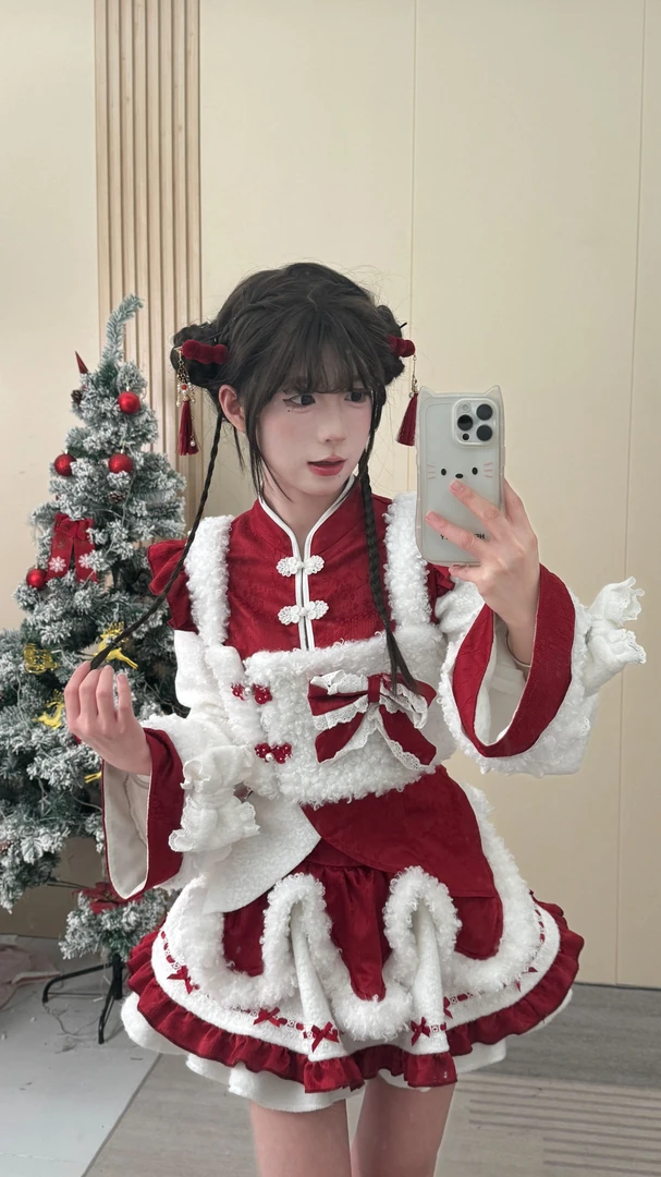 三件套  绵绵财乐 新年白色毛绒马甲+红色国风上衣+红色蛋糕裙