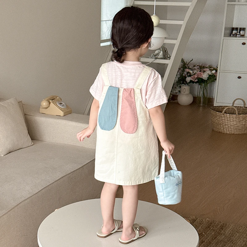 韩系女童套装背带裙短袖T恤夏装2025新款儿童装卡通吊带裙两件套