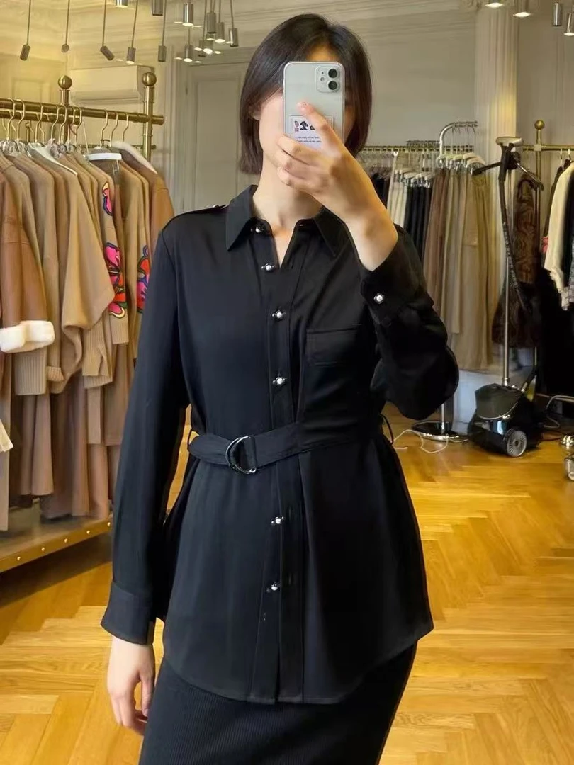 桑蚕丝法式不规则设计收腰衬衫 LW 0004