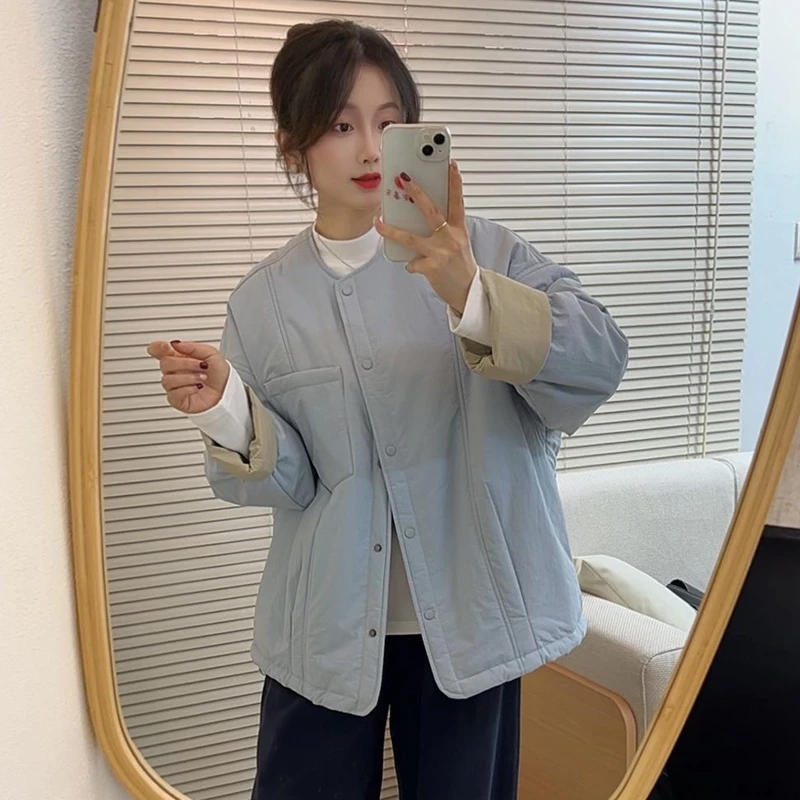 秋冬圆领棉服女设计感减龄单排扣棉衣休闲宽松百搭小个子夹棉外套