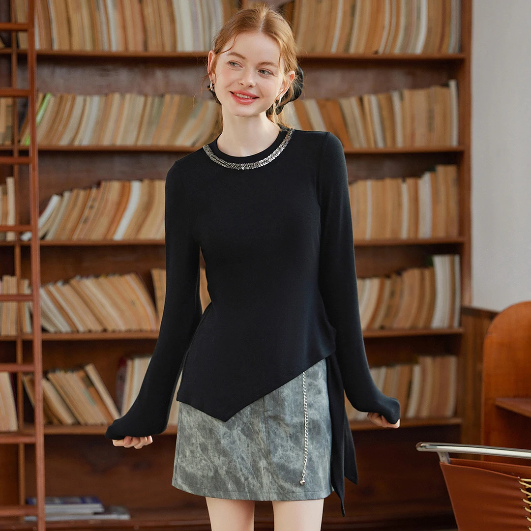 【商场同款新品】白鹿语25春款时尚长袖系带微弹修身女装T恤BY20307