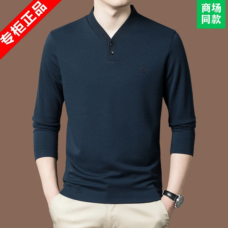 意大利轻奢品牌春秋高端polo长袖桑蚕丝t恤V领时尚潮流休闲打底衫