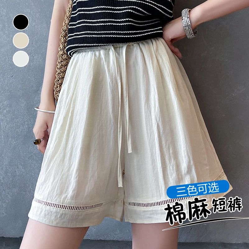 松弛感复古镂空花边短裤女夏季薄款麻a字阔腿亚麻短裤百搭休闲