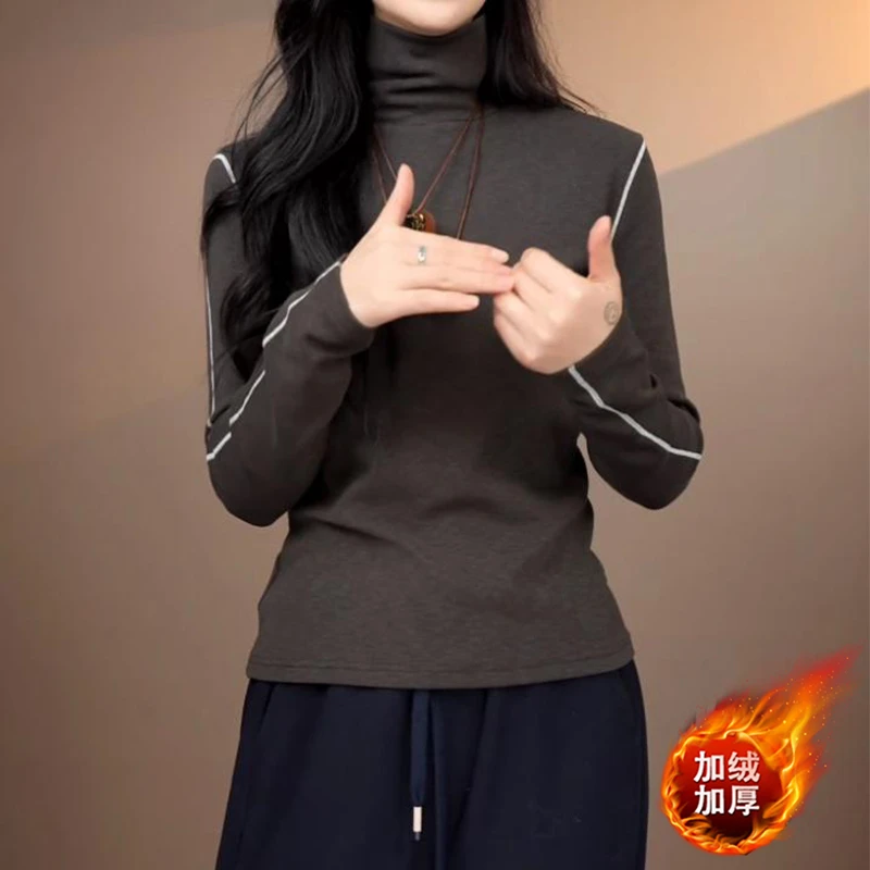 设计感高领加绒加厚T恤女2025冬季新款时尚简约宽松显瘦减龄上衣