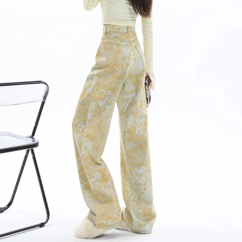 春夏款黄色扎染牛仔裤女高个子加长大码胖mm晕染花色宽松阔腿彩裤