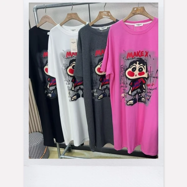 2025夏季宽松大码短袖圆领T恤女款休闲中长款印花重工卡通连衣裙