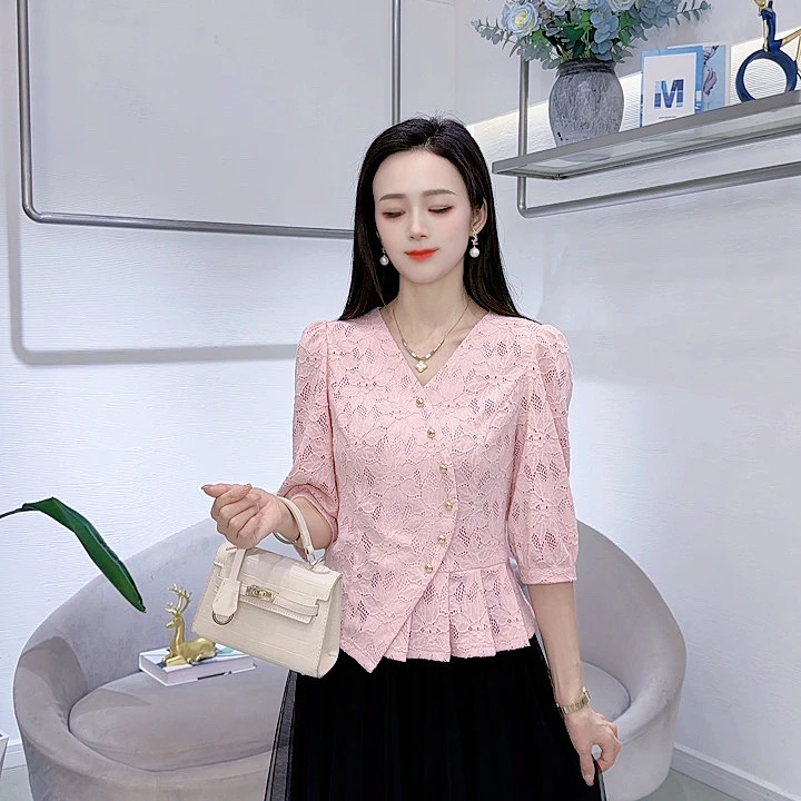 A8698法式衬衫早秋新款时尚气质甜美五分袖小衫洋气减龄百搭上衣
