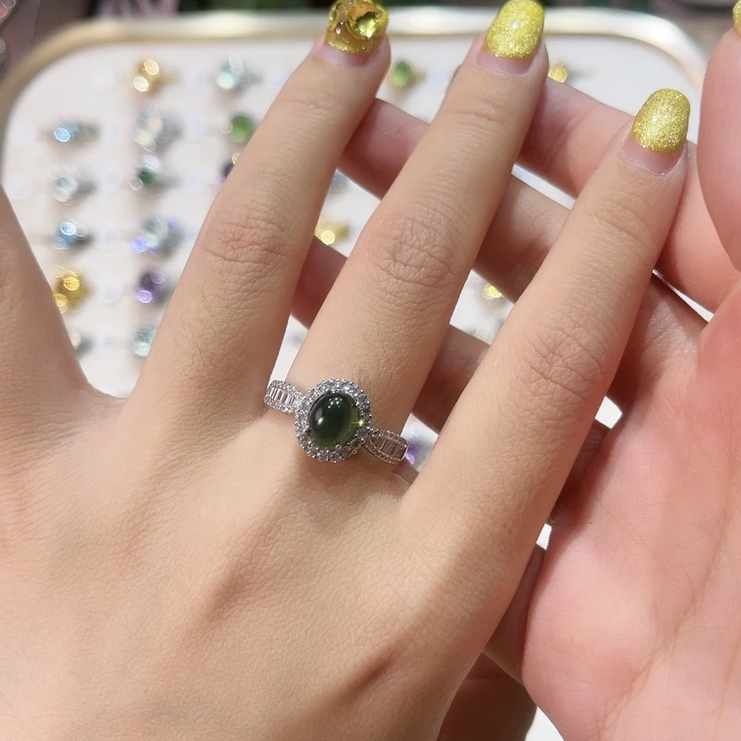 蛇纹石玉戒指银S925镶嵌狐**姐