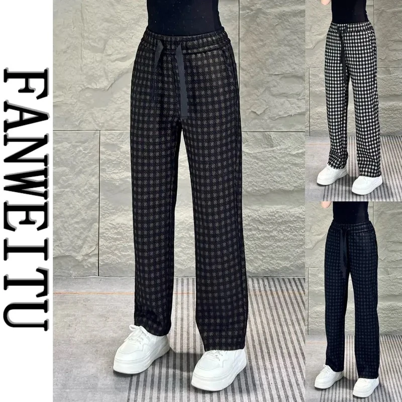 秋冬新款加绒加厚高端千格鸟潮流男士直筒休闲裤亲肤挺阔直筒男裤