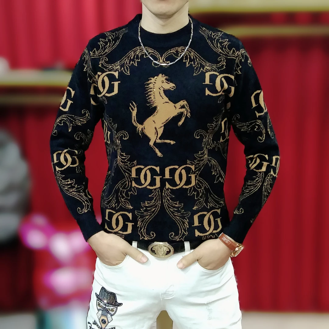 秋冬新款男士提花修身圆领套头加厚保暖天鹅绒毛衣打底针织衫
