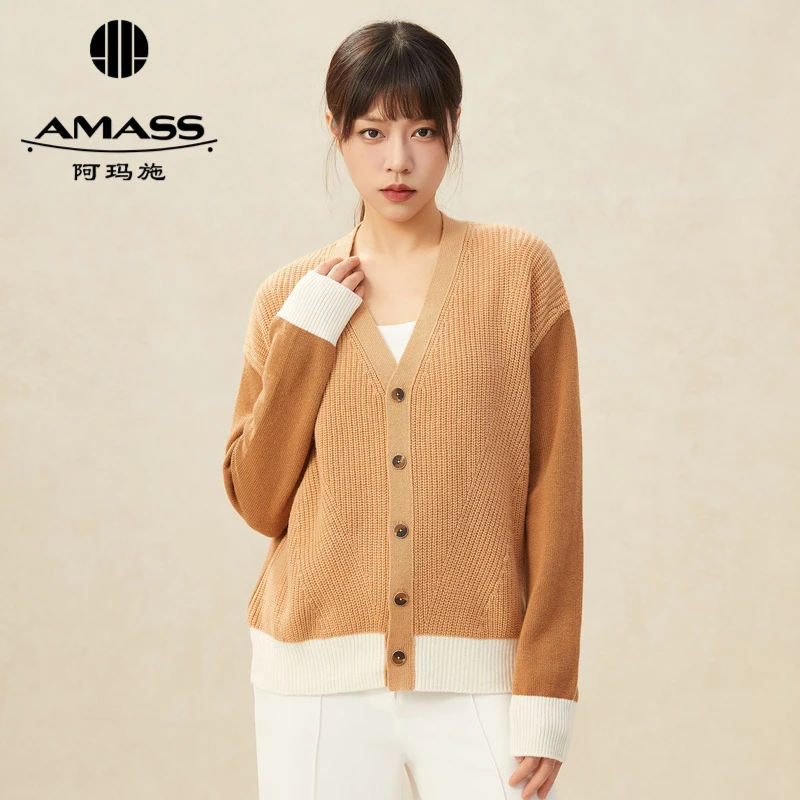 阿玛施AMASS新款女装减龄时髦拼接设计长袖羊绒针织开衫5499189