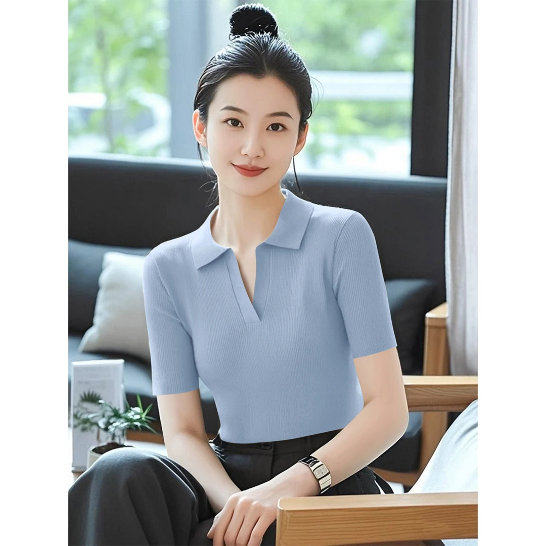 2025夏季新款时尚百搭POLO领短袖针织T恤女高级浅色修身显瘦上衣
