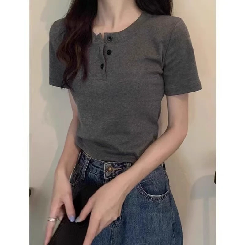 辣妹纯欲短袖T恤inst恤修身短袖半开领精致韩版打底衫别致上衣