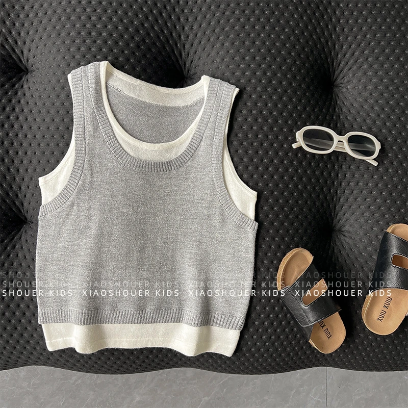 【现货】25夏季男女童清爽针织假两件背心HBB7650