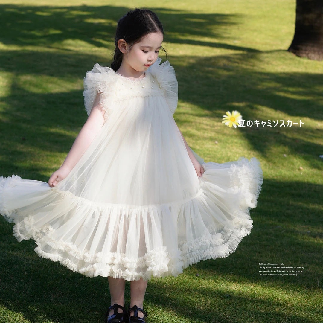 AnnieGirl女童春季新款白色网纱连衣裙女童公主裙刺绣蓬蓬裙2026