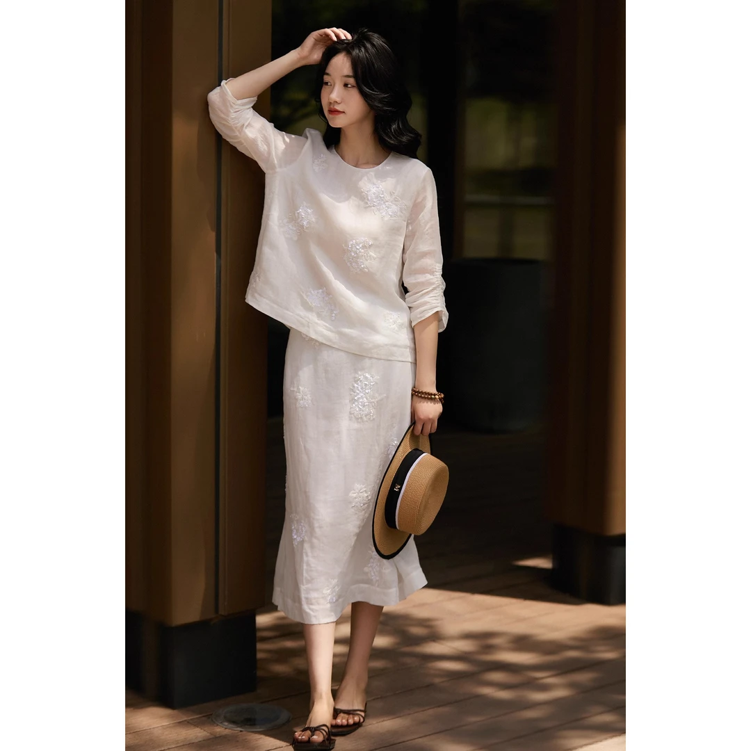 拉夏贝尔包臀裙2025夏季女亮片刺绣圆领上衣高腰绣花A字半身裙女