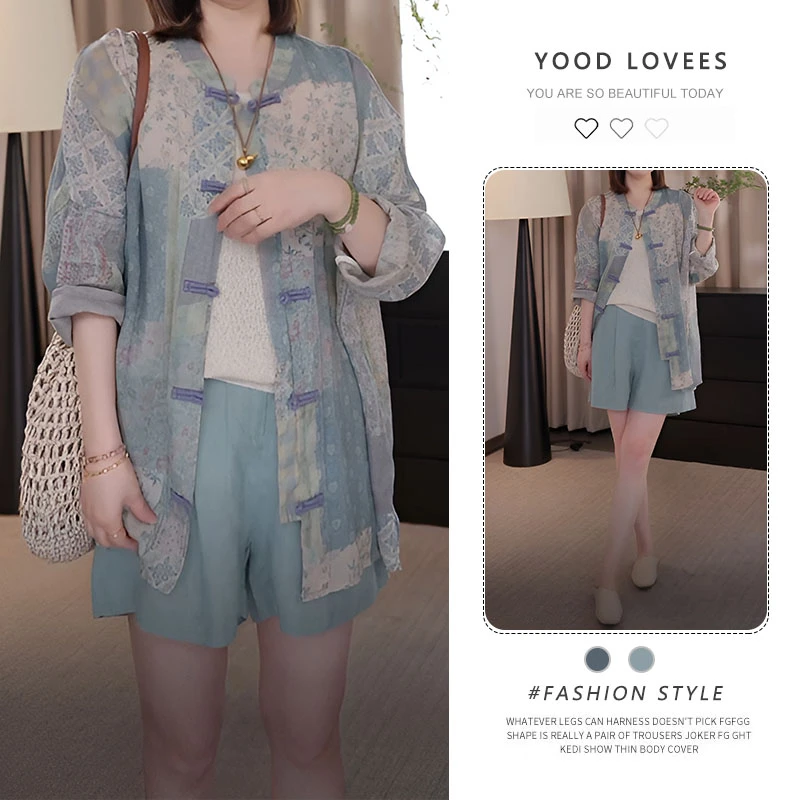 新中式国风套装女高级感别致夏季盘扣防晒衬衫短裤减龄洋气两件套