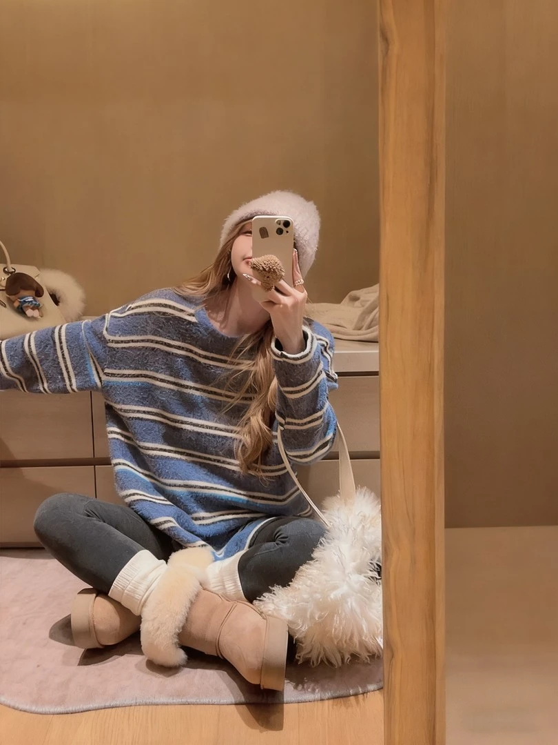 【暖绒线条】韩版撞色圆领条纹洋气百搭秋冬长袖休闲T恤宽松上衣