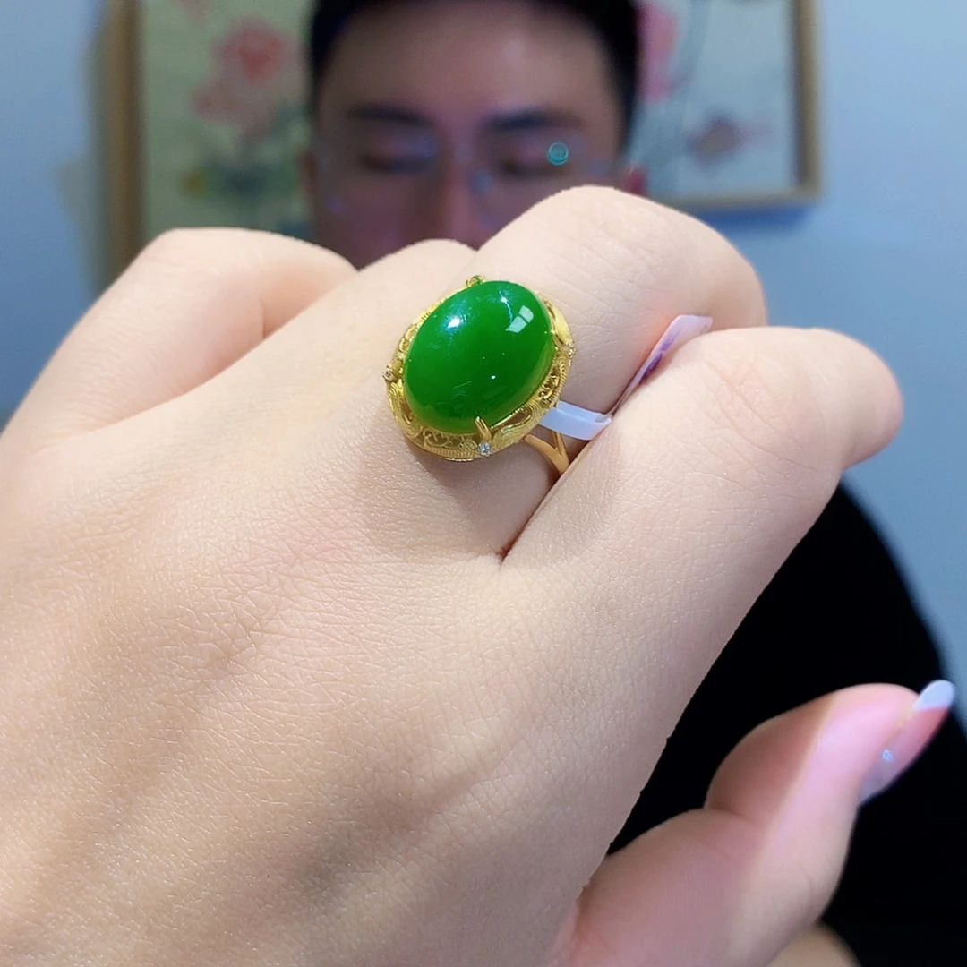 和田玉（碧玉）戒指银S925镀金镶嵌