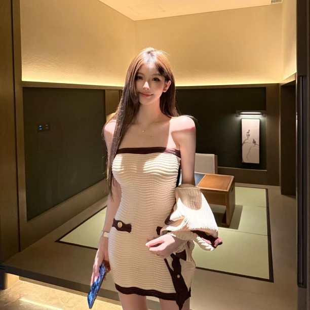 FAY【晚枫】奢香千金波浪纹名媛小香风夏季显瘦抹胸连衣裙套装