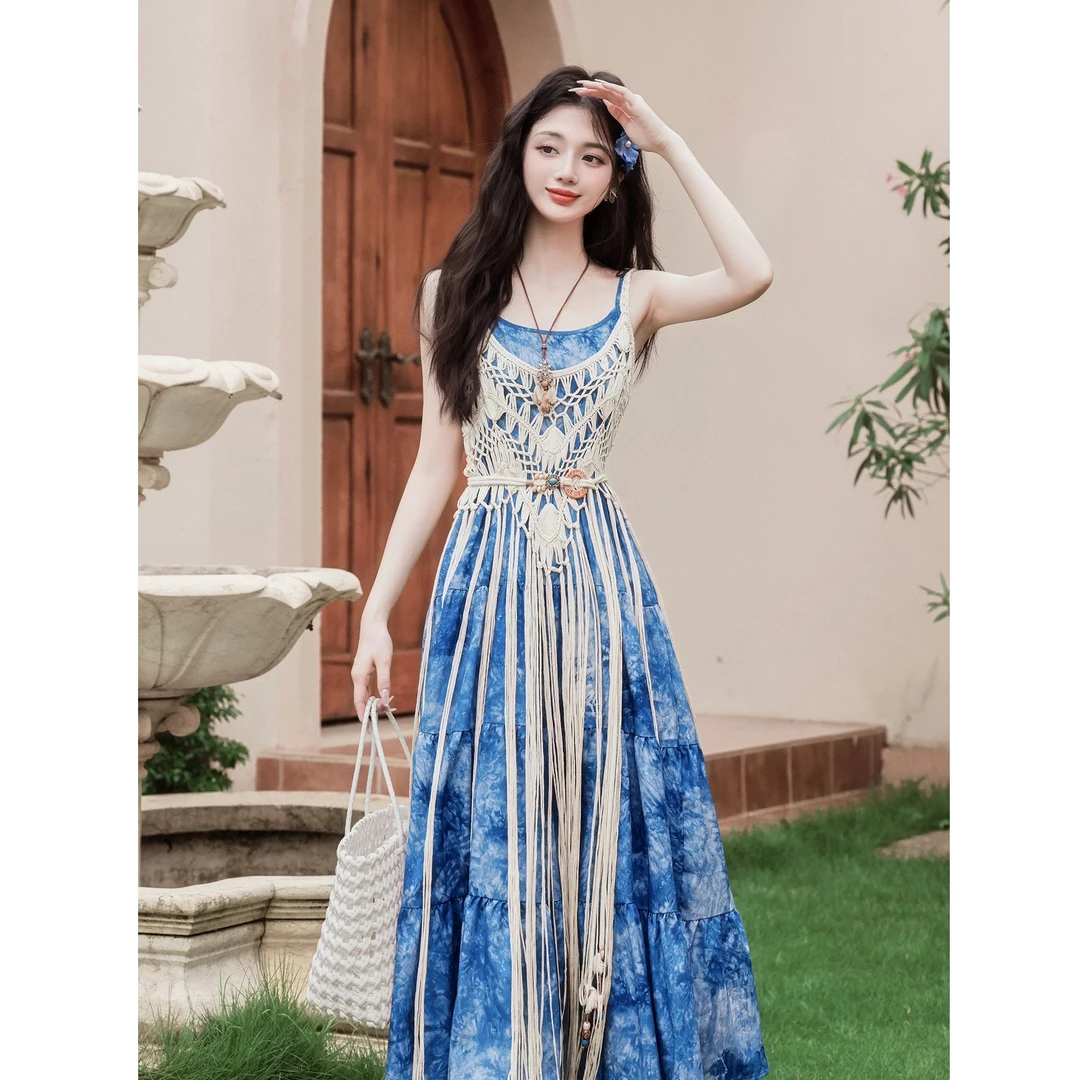 民族风复古晕染印花吊带连衣裙海边度假长裙&镂空针织罩衫