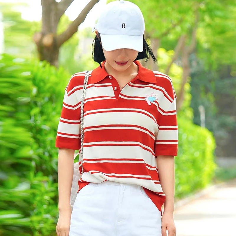 【商场同款】休闲翻领拼色条纹针织Polo衫减龄刺绣短袖T恤女138023