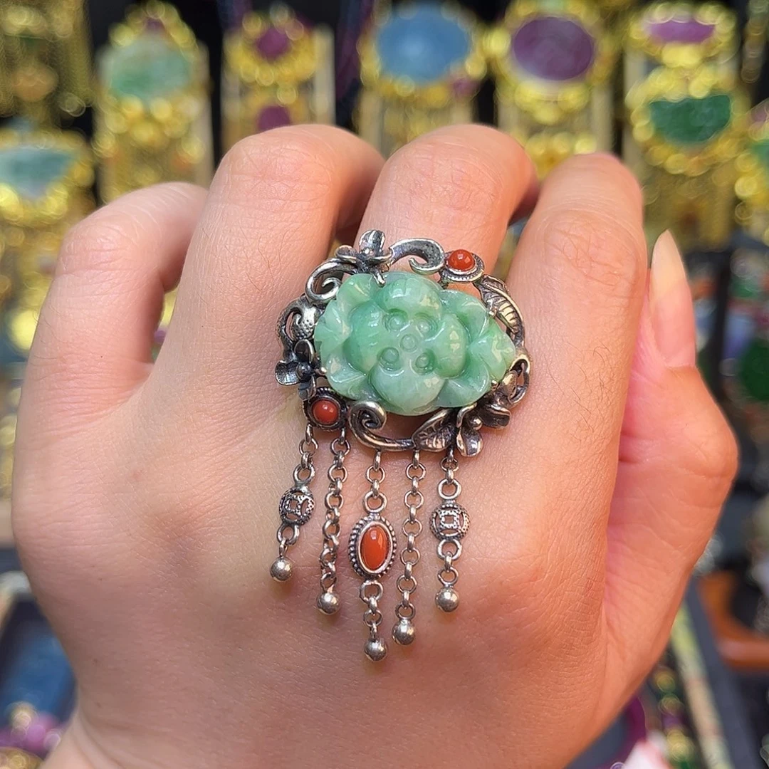 红宝石戒指银S925镶嵌翡翠戒指