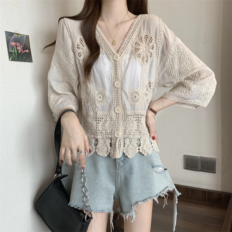 2025春夏新款针织蕾丝小衫装洋气时髦爆款宽松七分袖上衣DXKS011