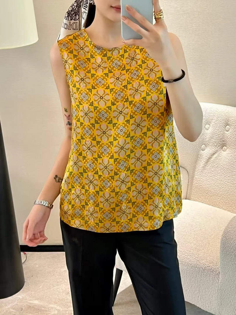 2025夏款新中式国风无袖上衣人丝印花叠穿薄款坎肩黄色小衫印花