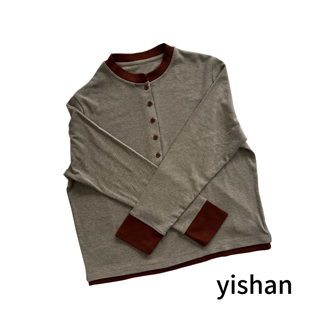 领袖撞色门襟开扣长袖T圆领长袖时尚打底设计师拼色气质