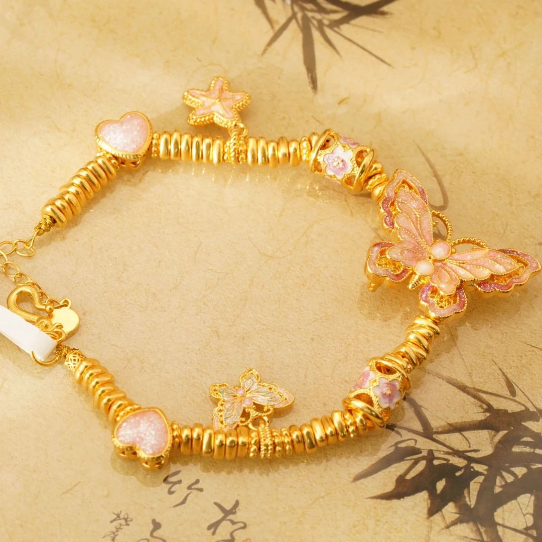 足金999高温烧蓝粉色大蝴蝶海星三角金盘缠手链 SL051