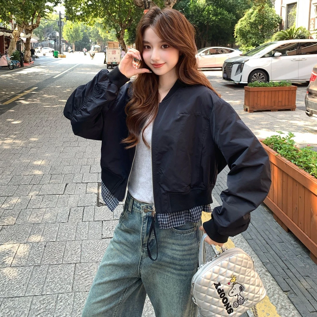 超好看格纹拼接棒球服外套女春秋2025新款小个子上衣爆款大方得体