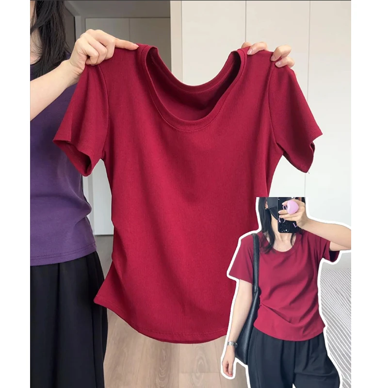 大码胖mm200斤简约chic韩系正肩短袖t恤女夏季U领显瘦轻薄上衣ins