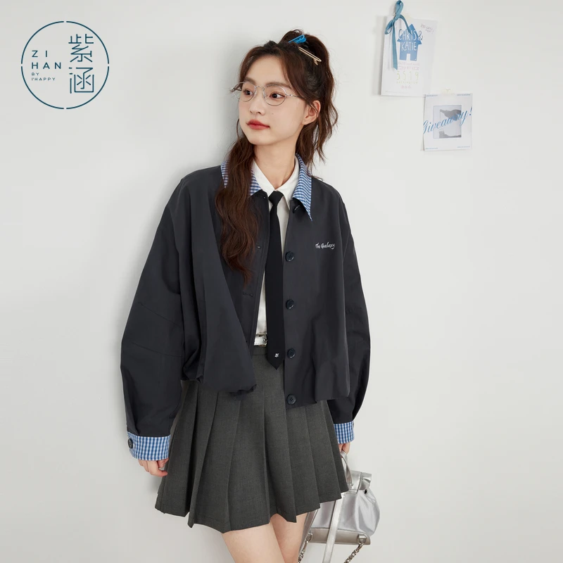 紫涵撞色蓝色格纹翻领短外套女2025春季新款时尚百搭宽松纽扣上衣