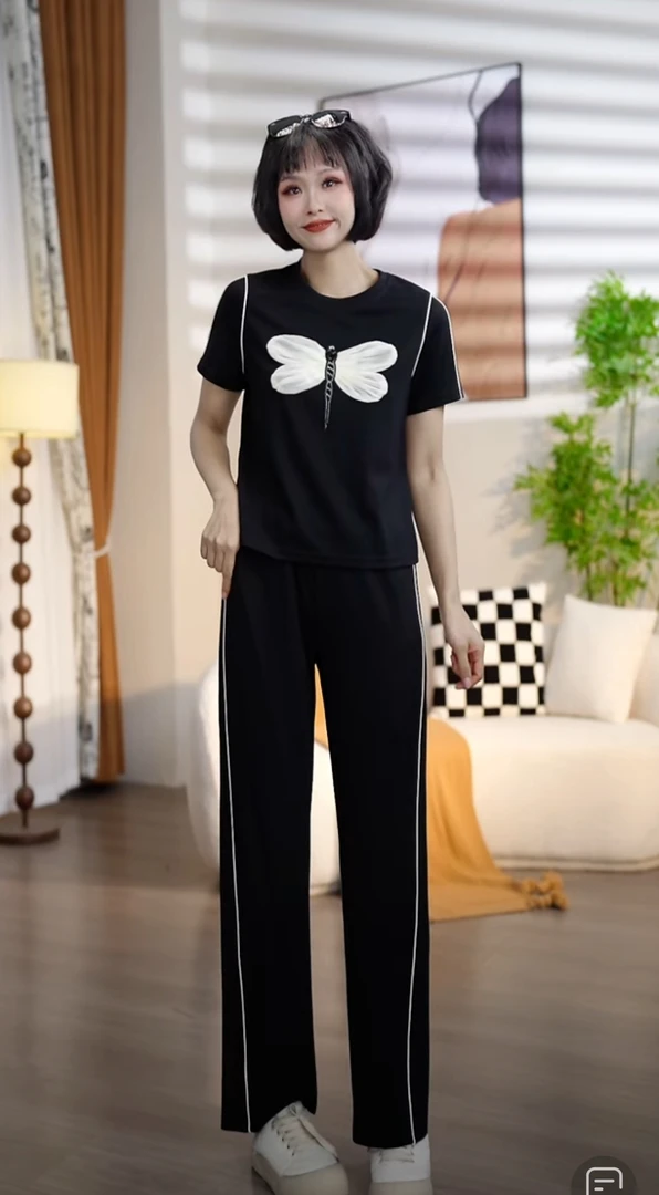 T009夏季气质圆领休闲蜻蜓两件套套裤DM7