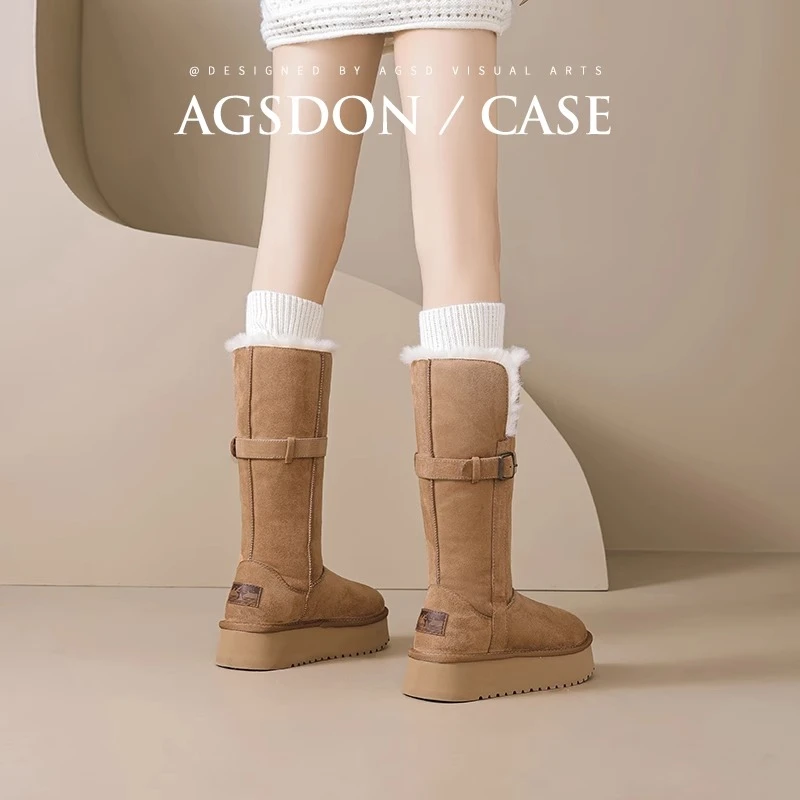 奥古狮登厚底长筒雪地靴女2024新款冬季加绒加厚保暖高筒中筒棉鞋