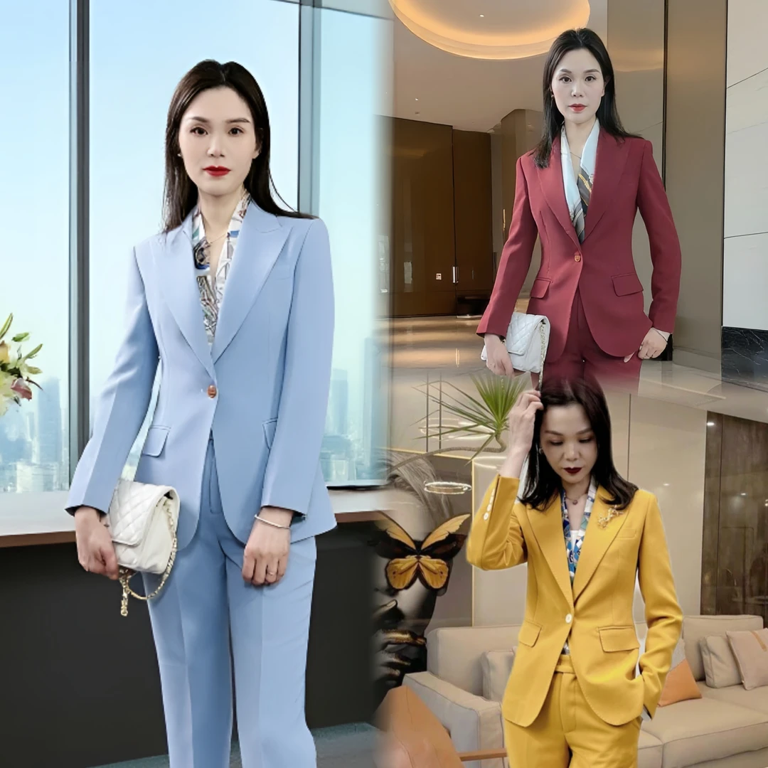 【4款颜色】新款秋冬远峰蓝单粒扣圆角抗皱时尚修身显瘦气质女套装