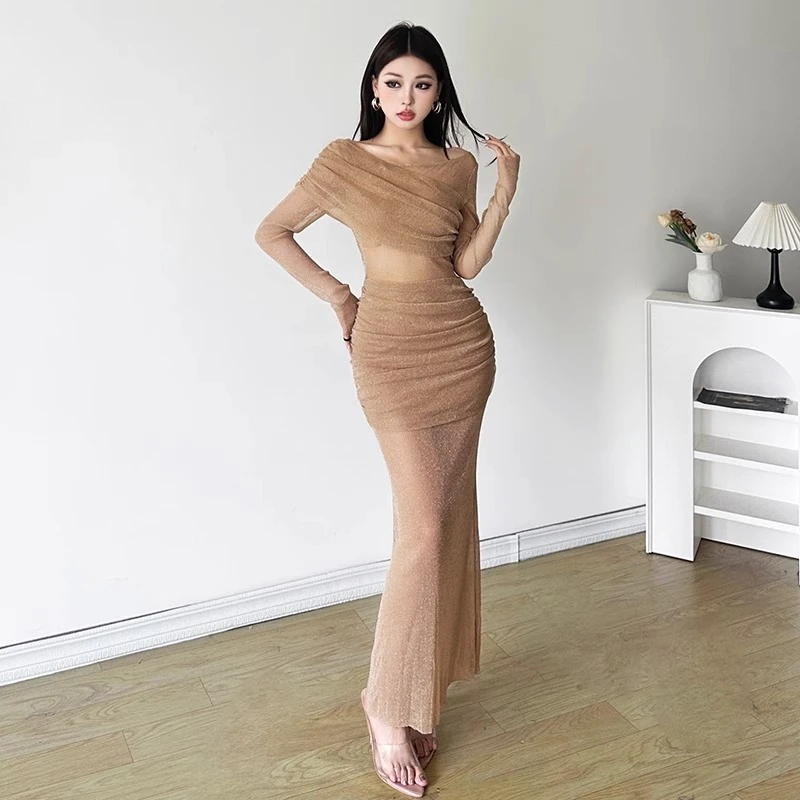 流金岁月时尚名媛亮闪闪褶皱修身长袖连衣裙百搭包臀长裙成熟简约