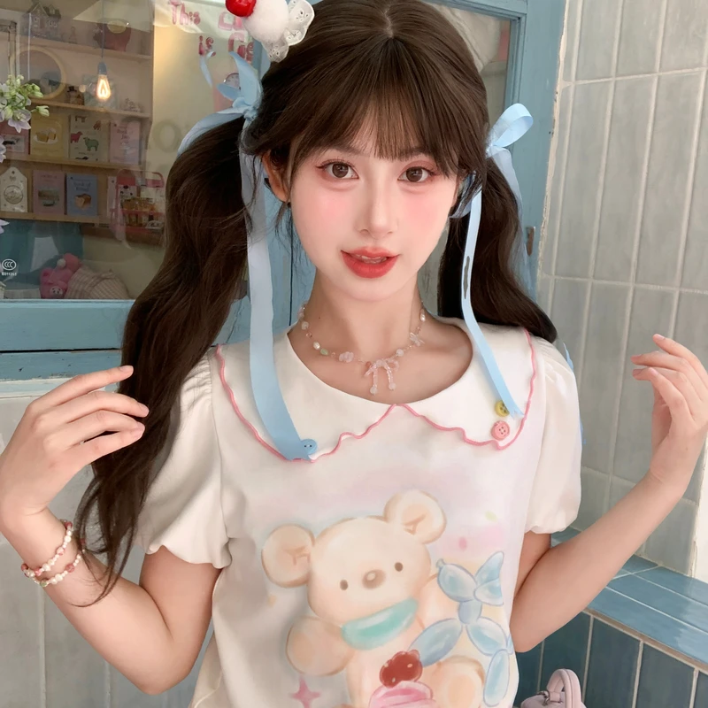 森女部落多巴胺原创甜美风娃娃领夏季短袖上衣小熊印花减龄T恤女