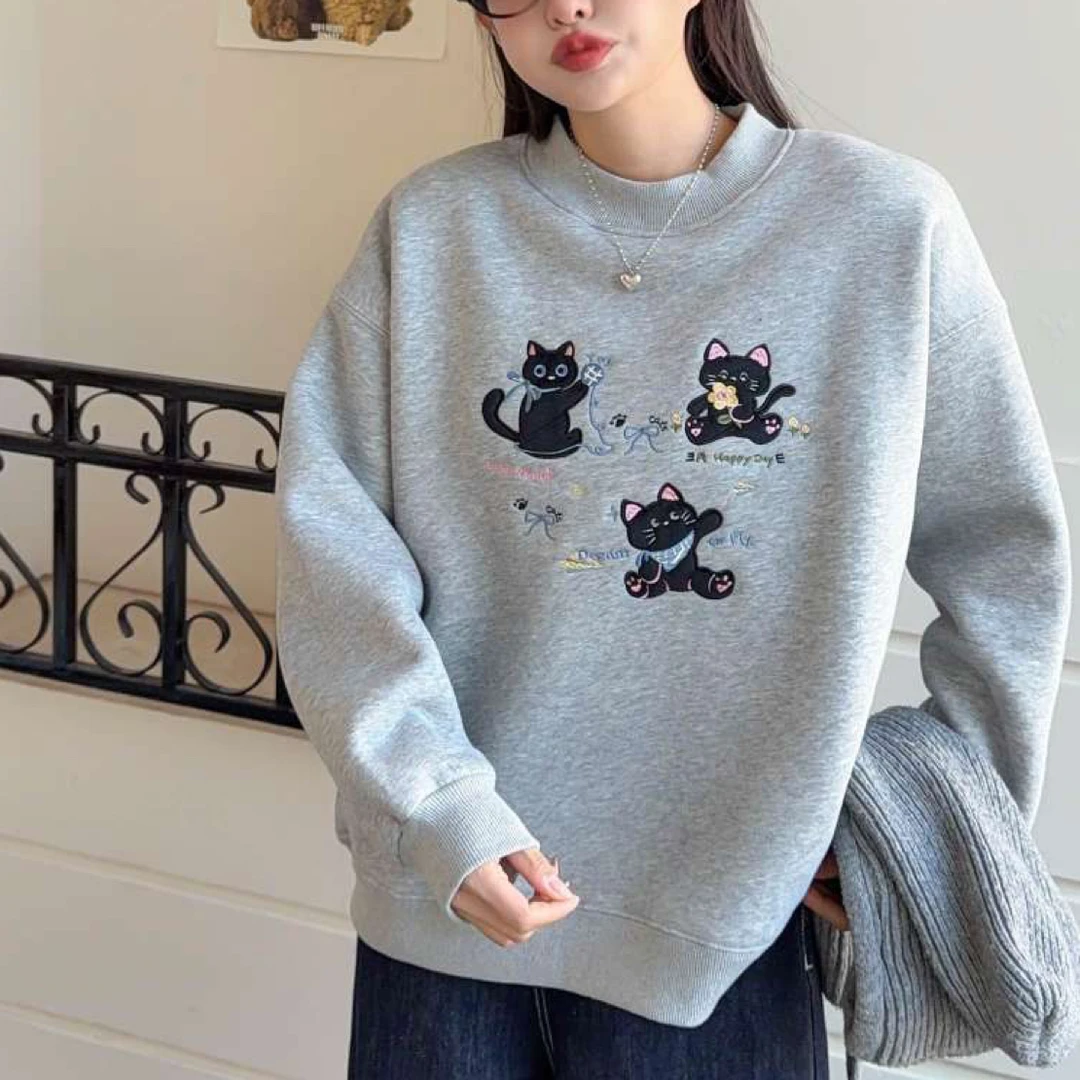 半高领 羊羔绒 3只黑猫刺绣 加厚加绒卫衣 宽松减龄卫衣 7710