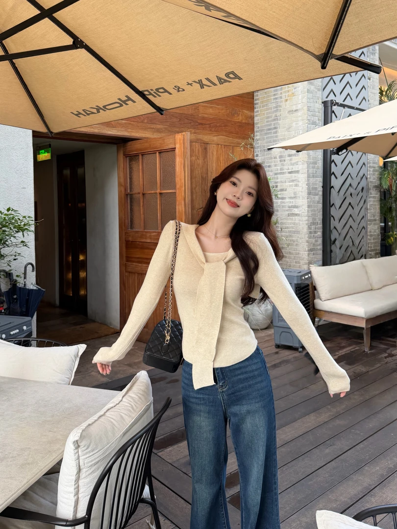 【色彩美学】韩系气质假两件披肩长袖针织衫休闲秋冬纯色打底衫上衣