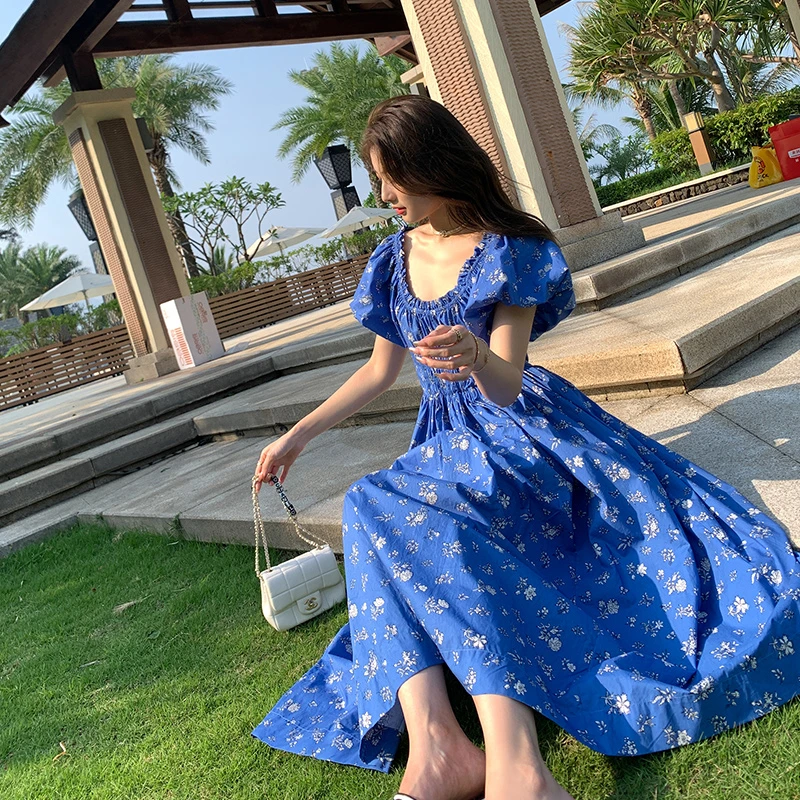 加比gaby小众设计感木耳边u领短袖印花连衣裙夏季新款女装茶歇裙