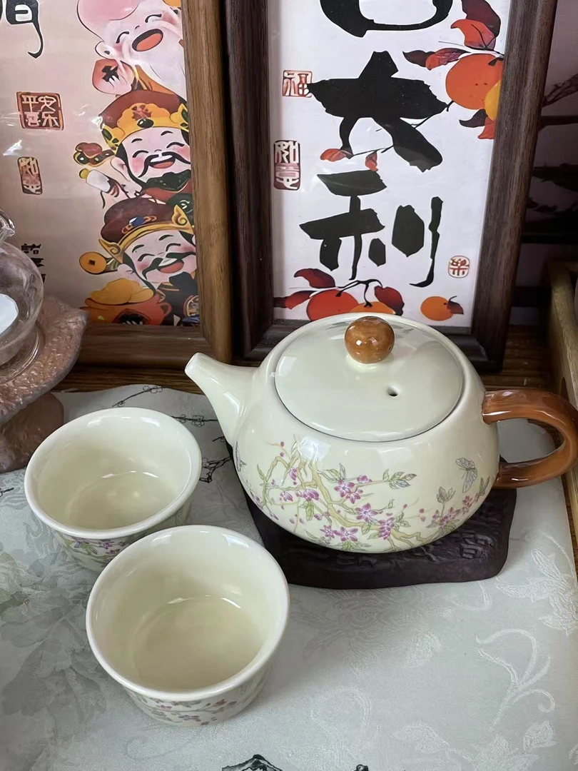 亮光黄(紫藤花)褐把西施壶陶瓷1壶2平口杯茶壶