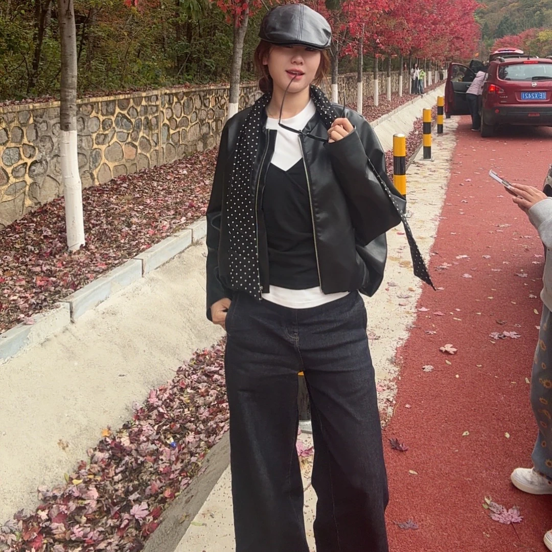 圆领常规版水洗皮衣外套(飘带可拆卸)