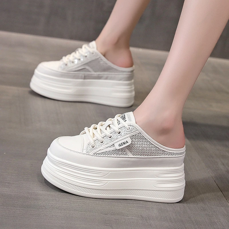 增高9cm懒人包头半拖鞋女外穿新款网面透气厚底内增高女鞋一脚蹬