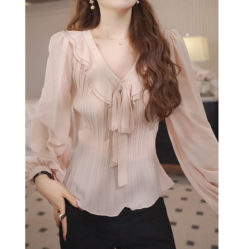 千金风时尚法式设计感褶皱收腰上衣V领长袖衬衫女装早秋气质小衫Y