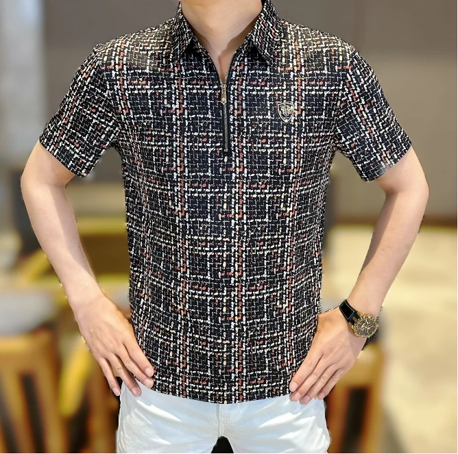 2025男士夏季新款时尚休闲薄款修身半拉链格子印花衬衫领短袖T恤