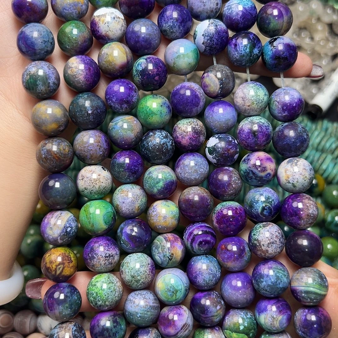 玛瑙/玉髓足银镶嵌珠宝半成品M60。14m天然紫罗兰花园玛瑙圆珠