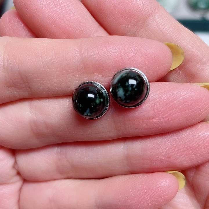 安***澜透闪石-蛇纹石玉银S925镶嵌耳钉