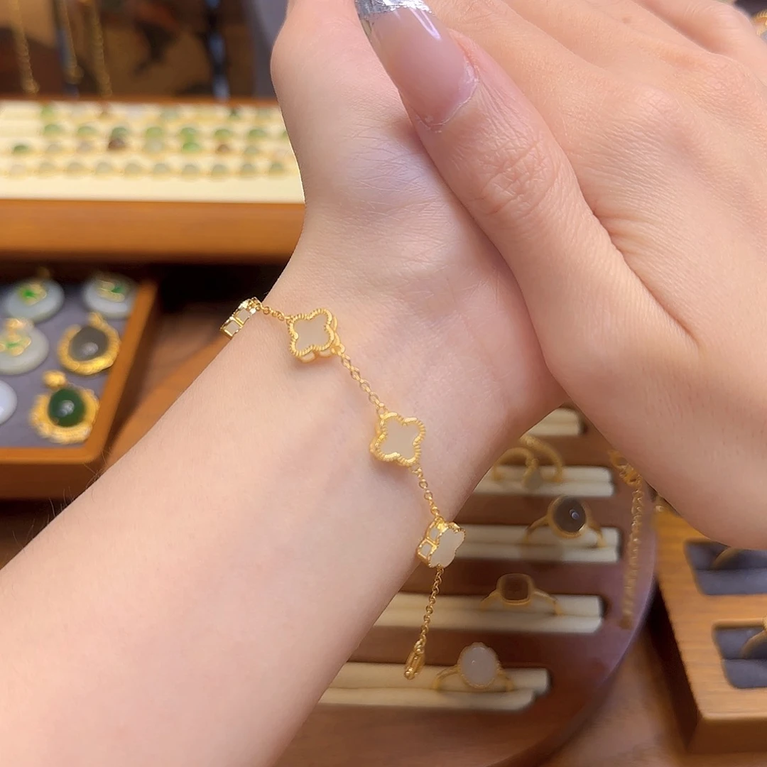 和田玉手链银S925镀金镶嵌